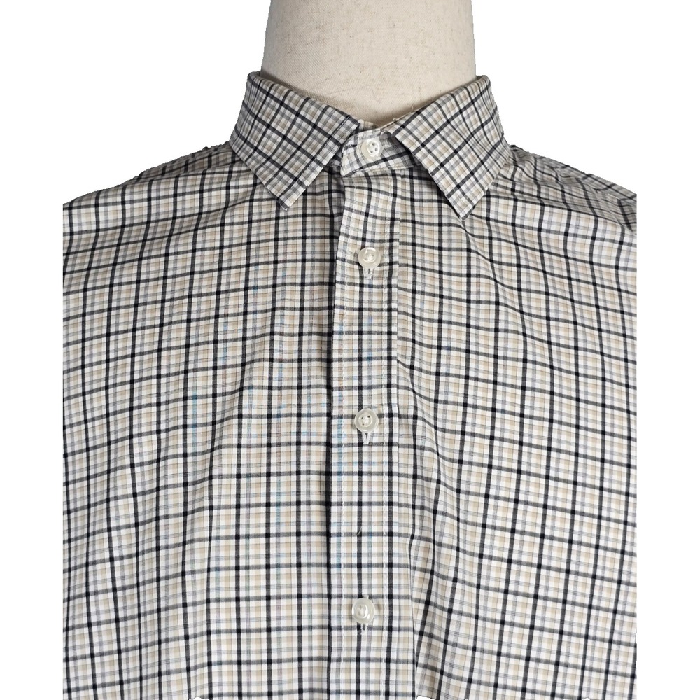 Stafford Shirt Mens XL 17-17.5 Gray/Beige/White Plaid Long Sleeve Button Up